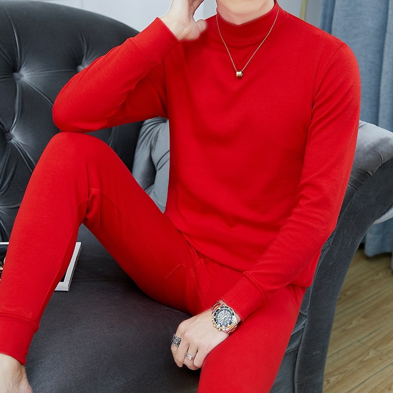 红豆本命年男士秋衣秋裤套装秋冬加绒加厚保暖全棉内衣红色黑色