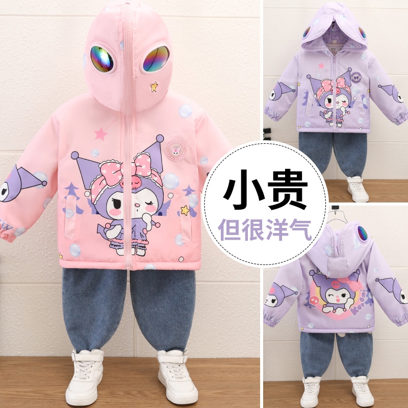 衣服女孩外套冬款儿童连帽眼镜女童宝宝冬装亮灯棉服加绒薄款洋气