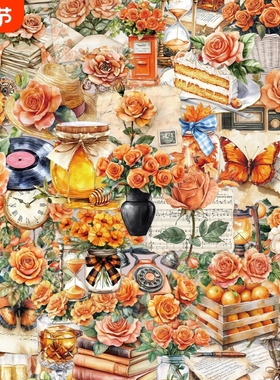 100张橙色风格贴纸复古花卉PET材质装饰用手账桌面手机壳笔记本