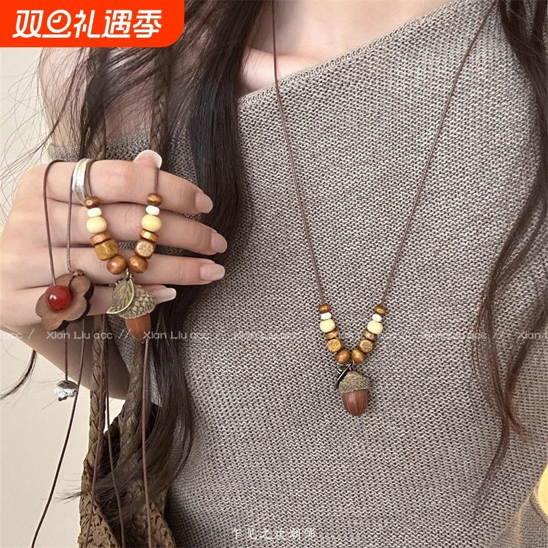 复古民族风橡果吊坠项链女2025新款爆款新中式古风长款毛衣链配饰