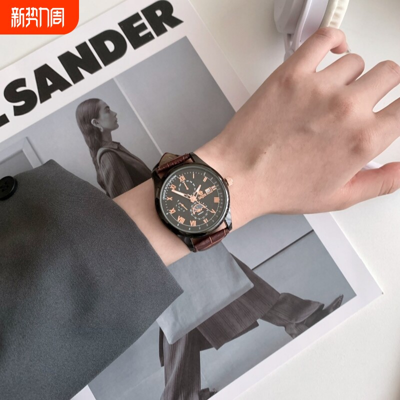 休闲时尚气质瑞士男士手表防水商务皮带石英手表男士日历腕表套装