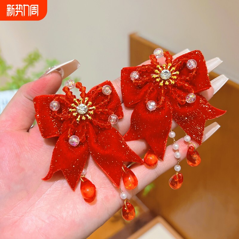 中国风大红色新年儿童发饰宝宝喜庆汉服过年发夹拜年服头饰蝴蝶结