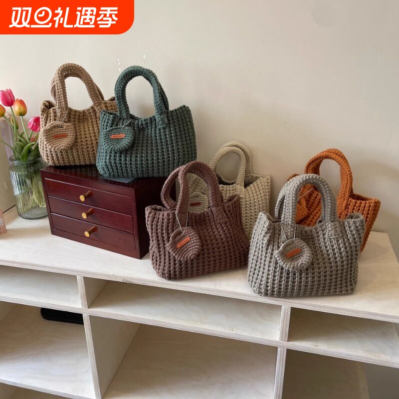 编织包韩版ins纯色手工钩织包可爱毛线手提包秋冬穿搭手拎手机包