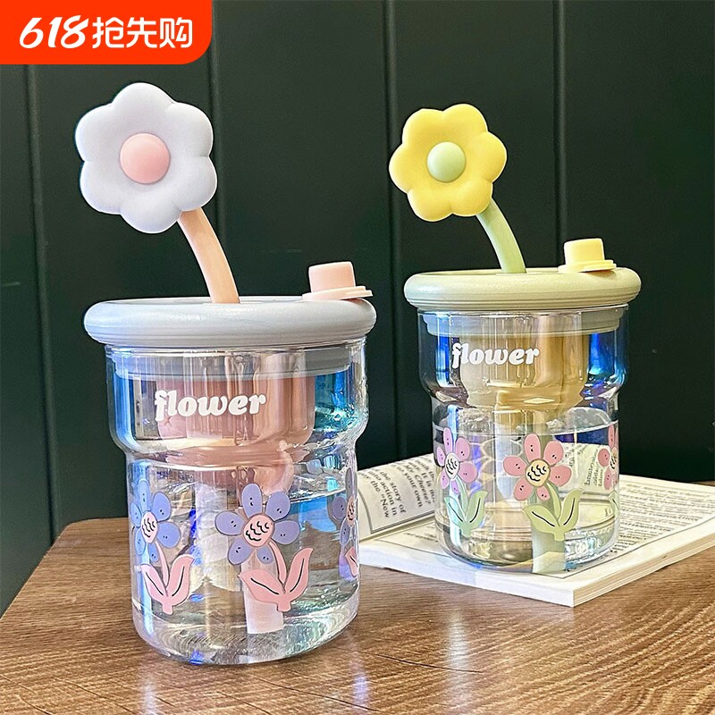 2026新款玻璃水杯女生高颜值大容量吸管杯学生便携耐高温随手杯子