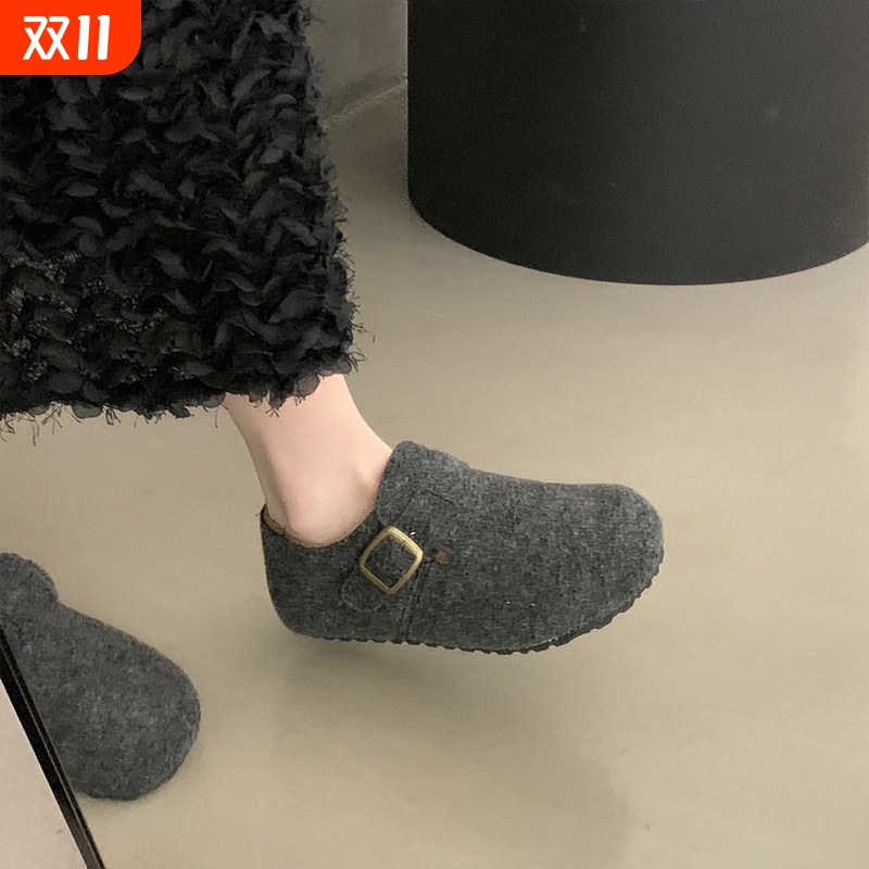 厚底灰色全包勃肯鞋女棉鞋2025新款秋冬加绒保暖一脚蹬孕妇豆豆鞋