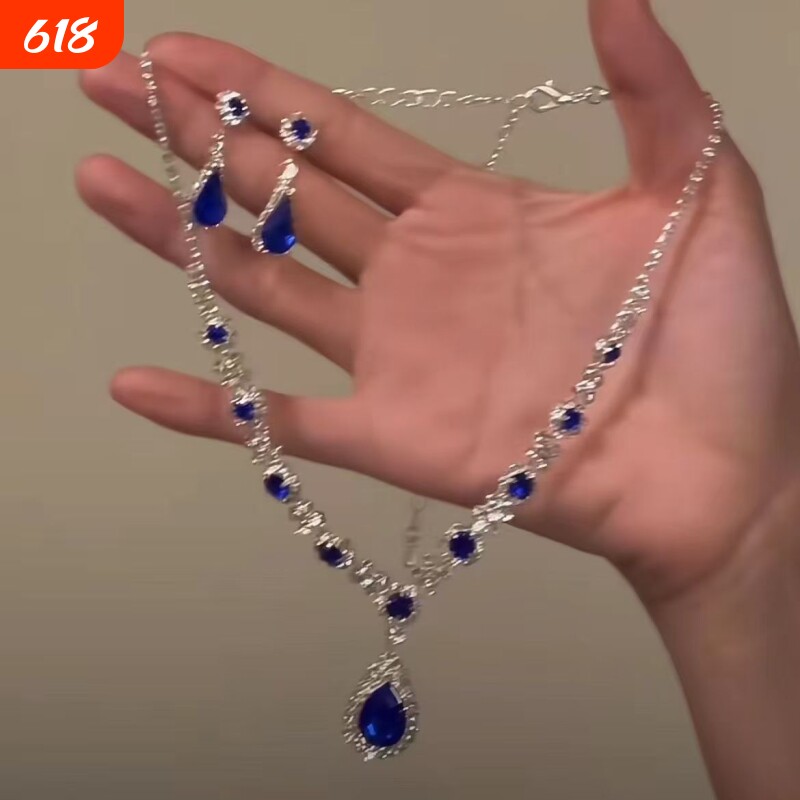千金小姐~蓝色水滴锆石项链女高级感V领锁骨链轻奢气质晚宴项链
