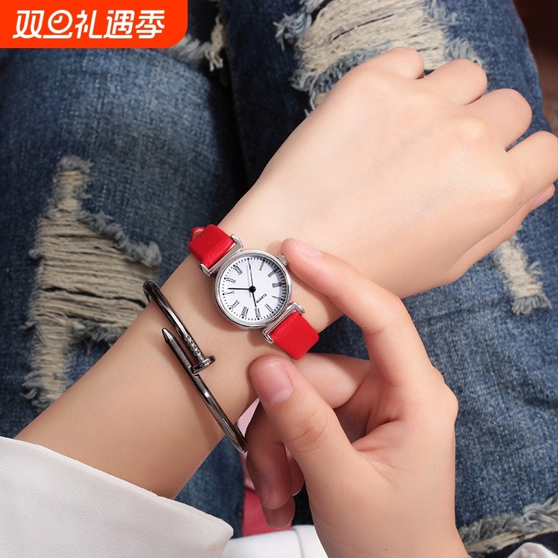 小表考试韩版简约小清新学生女表白搭气质红色手表细带防水时装表