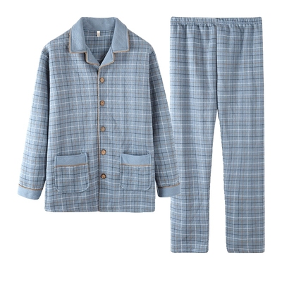 男士睡衣秋冬纯棉长袖夹层棉加棉加厚大码5XL套装家居服加肥加大