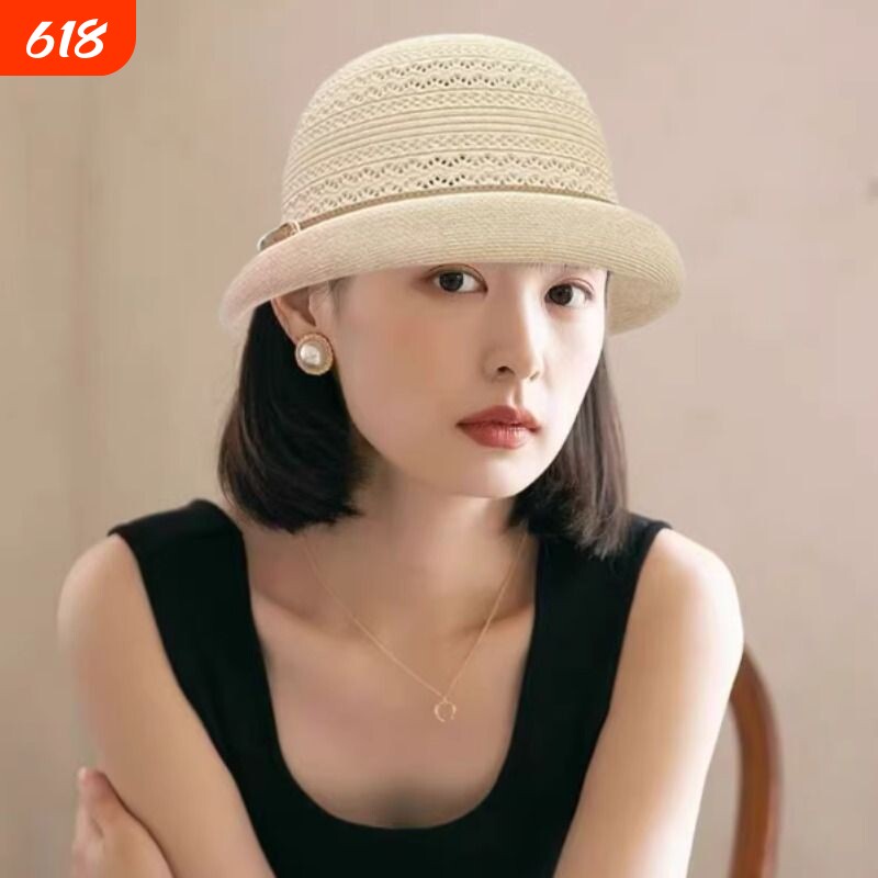 镂空妈妈礼帽女夏季中老年遮阳帽防晒帽卷边盆帽太阳帽可折叠黑色