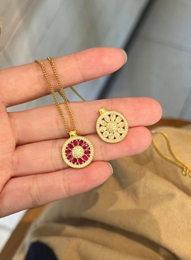 中古轻奢精致金色太阳花满钻圆圈项链女高级感锁骨链小众气质颈链