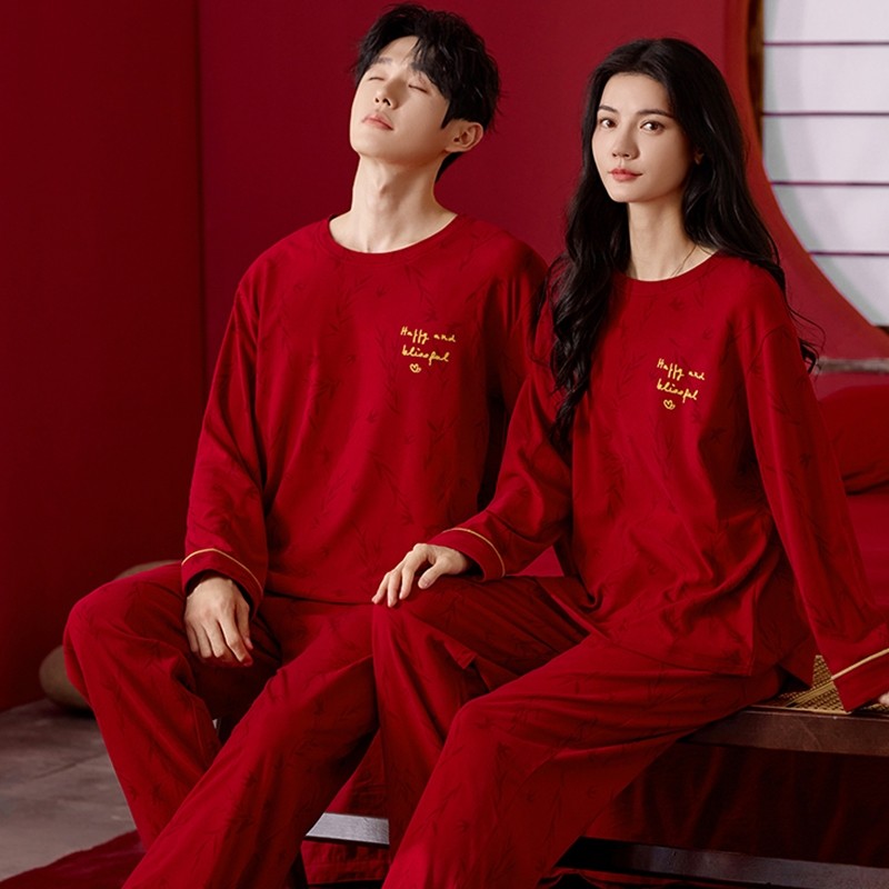 冬季德绒情侣睡衣女款结婚新婚红色男士薄绒磨毛秋冬款家居服套装