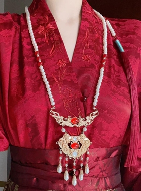 汉服长璎珞背云流苏平安锁项链小众气质个性黄色晚明风宫廷配饰女