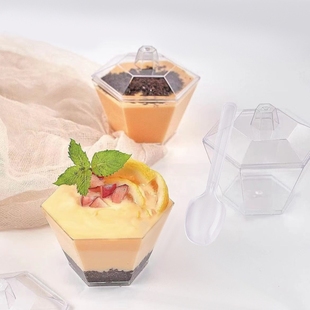 跨境3.3OZ塑料甜点杯六角杯果冻布丁杯慕斯冰淇淋甜品杯可配盖勺