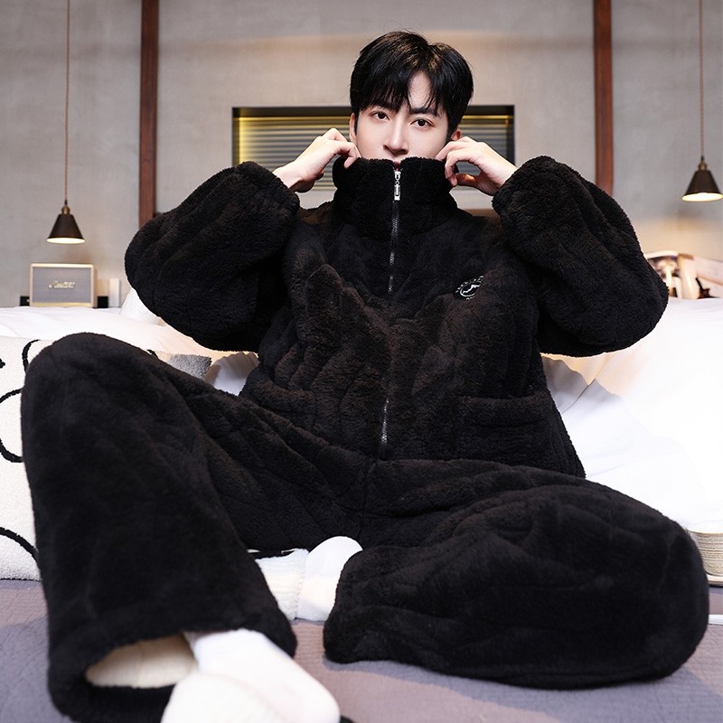 2025新款三层夹棉睡衣男款珊瑚绒秋冬季加厚加绒冬天法兰绒家居服