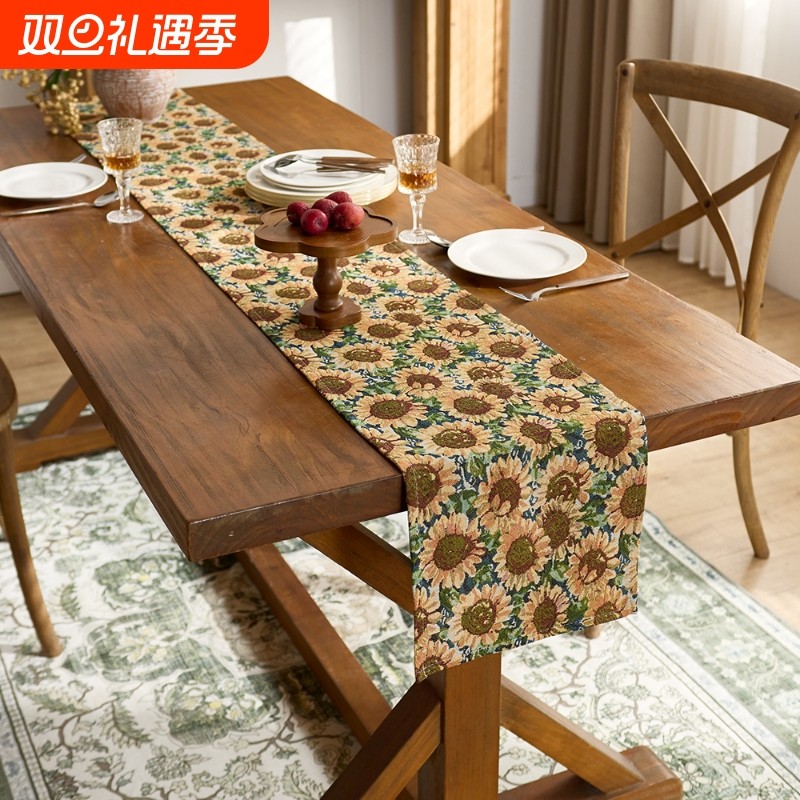 复古提花向日葵桌旗美式餐边柜旗布艺提花茶几电视柜长条尾巾