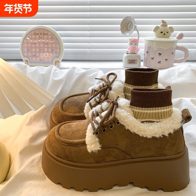 厚底增高加绒加厚雪地靴女款2025秋冬保暖毛毛棉鞋勃肯鞋棕色高跟,女鞋,棉鞋,淘宝优惠券,粉丝福利购,淘宝优惠卷