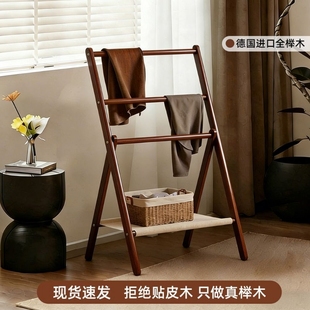 中古风榉木挂衣架卧室落地衣帽架新款加粗加厚小型隔夜衣服堆放架