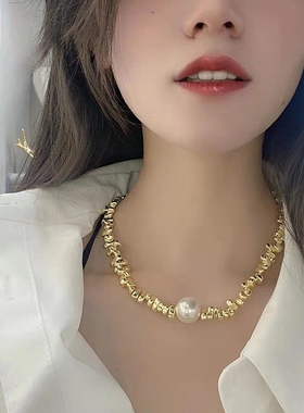 银色几何三角方块碎银子项链百搭轻奢小众设计珍珠锁骨链高级颈链