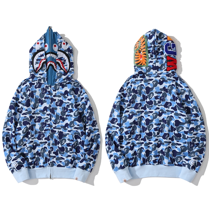 潮牌APE连帽卫衣双帽SHARKAPE鲨鱼虎头迷彩开衫拉链外套亲子蓝色