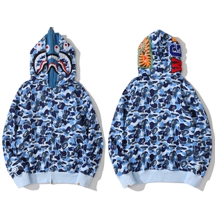 潮牌APE连帽卫衣双帽SHARKAPE鲨鱼虎头迷彩开衫 拉链外套亲子蓝色