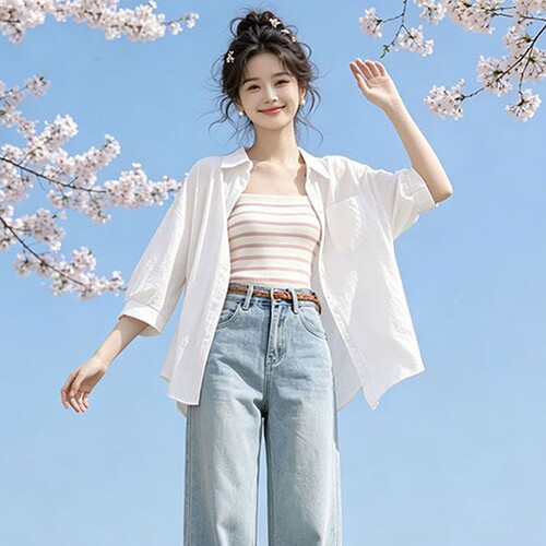 气质甜美风七分袖防晒衬衫女夏季设计感小众宽松显瘦开衫外套上衣