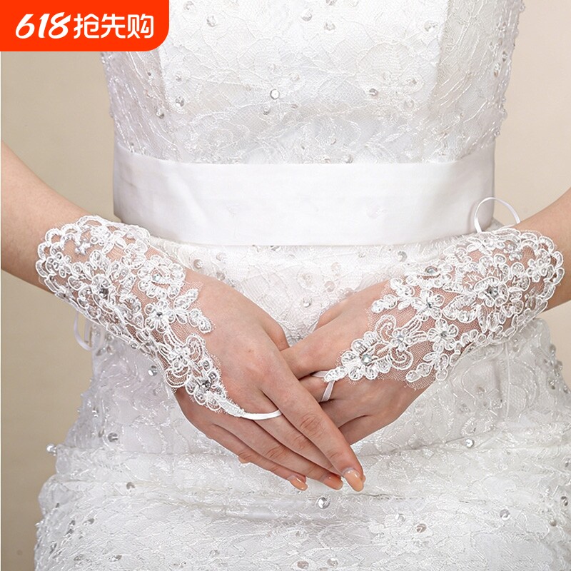 新娘结婚手套白色红色婚纱礼服短款手套长款蕾丝网纱缎面挂钩手套