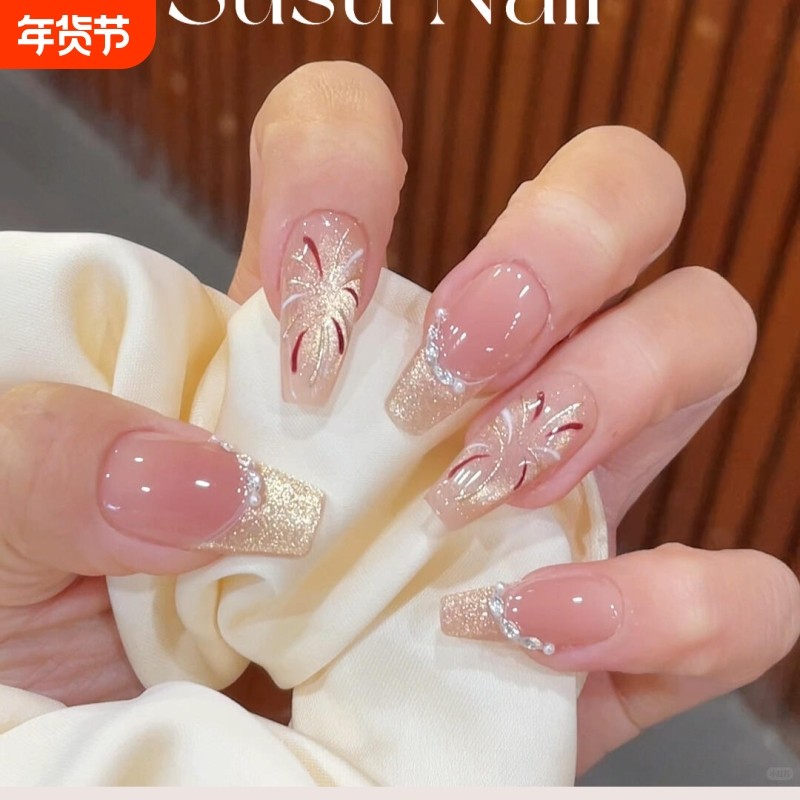 美甲穿戴甲中长款秋冬显白烟花法式猫眼贴片红色粉色蝴蝶结椭圆,彩妆/香水/美妆工具,穿戴甲/甲片,淘宝优惠券,粉丝福利购,淘宝优惠卷