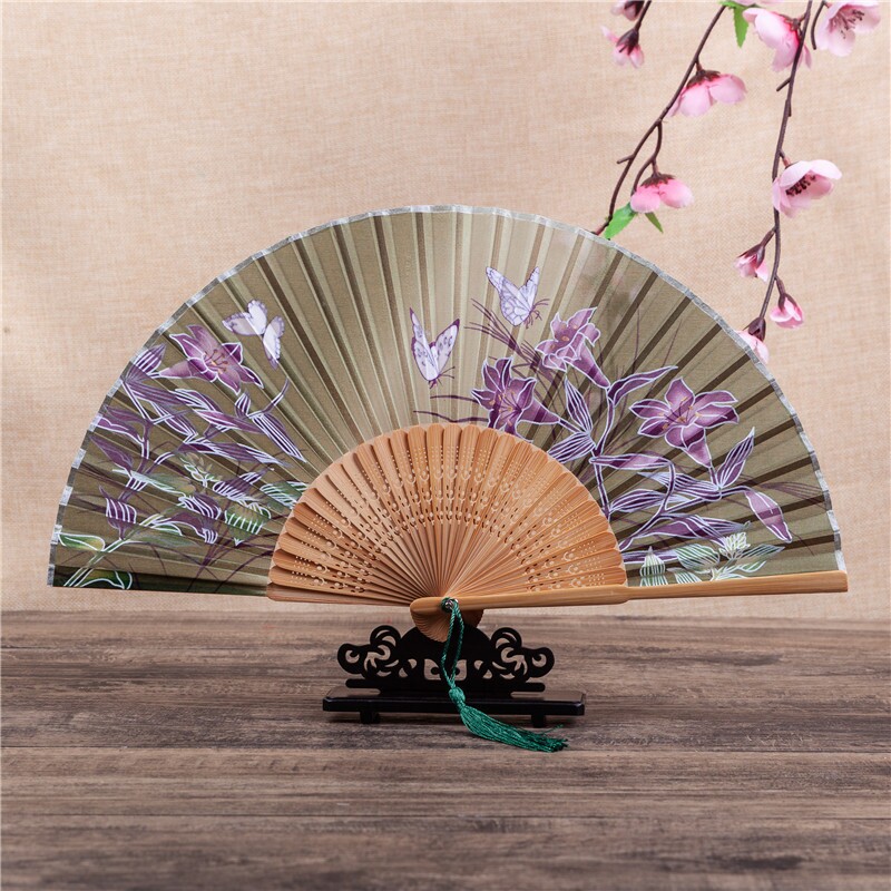 中国风礼品真丝竹扇子日式和风扇百合花系列 折扇批发舞蹈道具扇