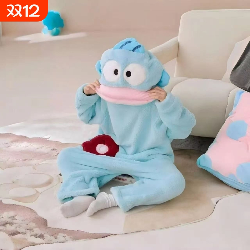 加绒家居服加厚卡通珊瑚绒亲子冬季连体丑鱼卡通儿童睡衣大号男女