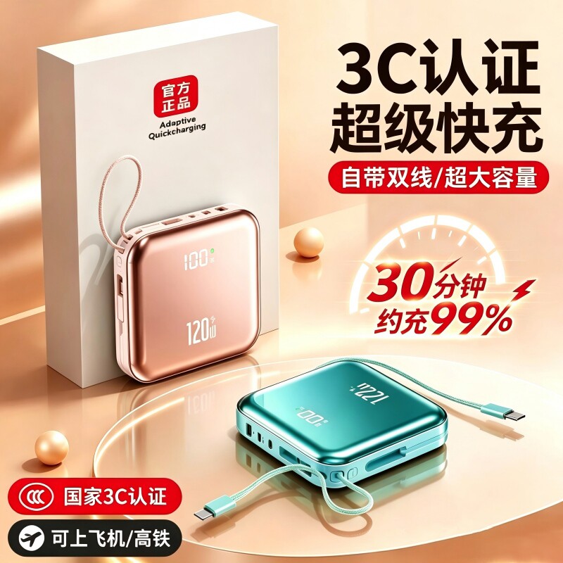 国标3C认证可上飞机充电宝2026新款20000毫安自带线大容量快充超薄小巧便携手机通用移动电源官方旗舰店正品
