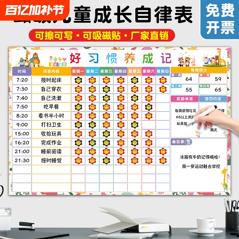 磁吸儿童成长自律表奖励墙贴小学生幼儿园小红花奖罚好习惯养成表宝宝学习积分记录表计划表时间管理家用阅读