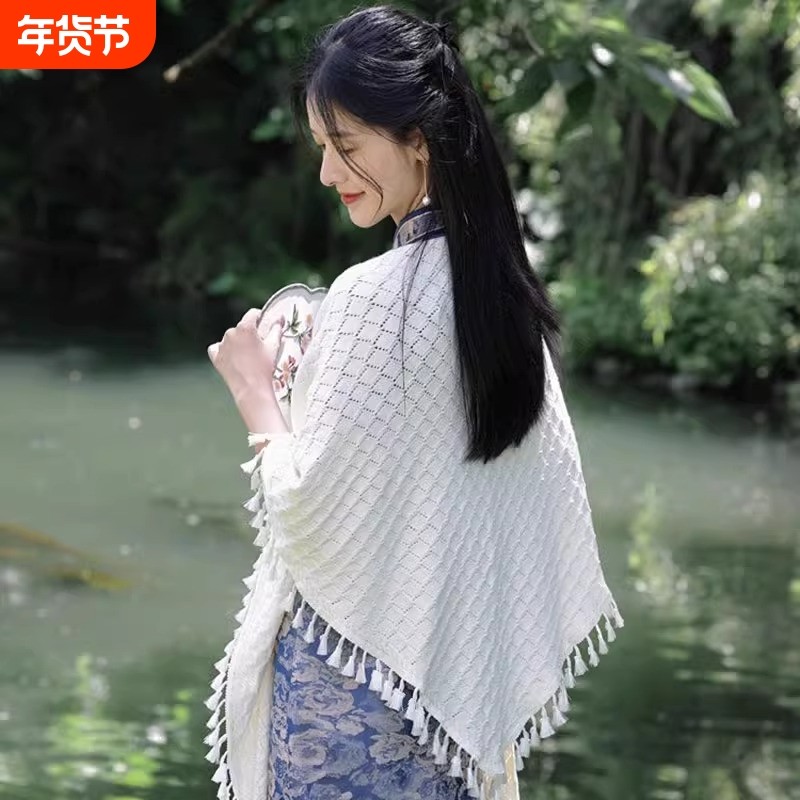 旗袍披肩外搭女2025新款搭配流苏披风米白色针织夏季薄款红色黑色,服饰配件/皮带/帽子/围巾,围巾/丝巾/披肩,淘宝优惠券,粉丝福利购,淘宝优惠卷