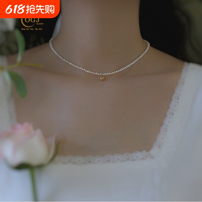 S925银天然淡水珍珠项链女小众设计颈链复古金珠吊坠高级感锁骨链