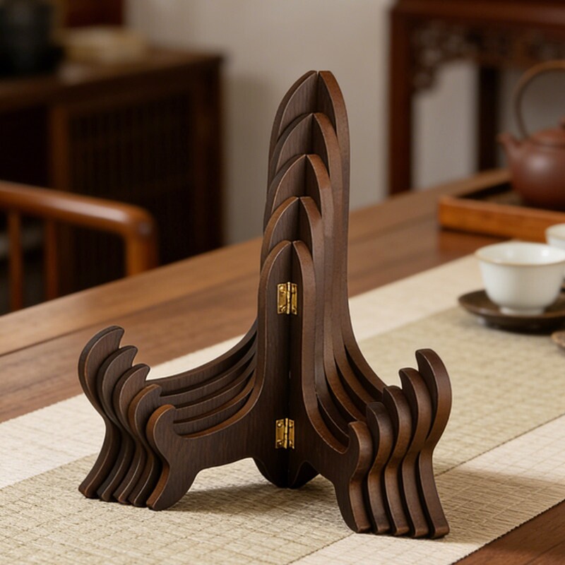 鸡翅木纹茶饼架托普洱茶架子可折叠盘子托架茶道配件茶架实木支架