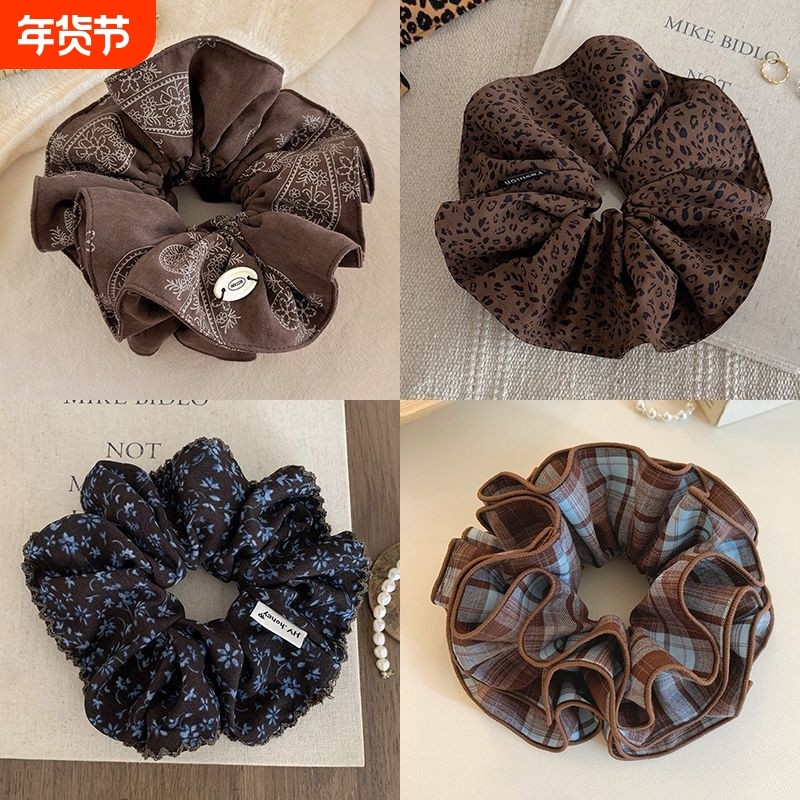 咖啡色布艺双层大肠发圈女韩系复古印花扎头发丸子头发绳气质发饰