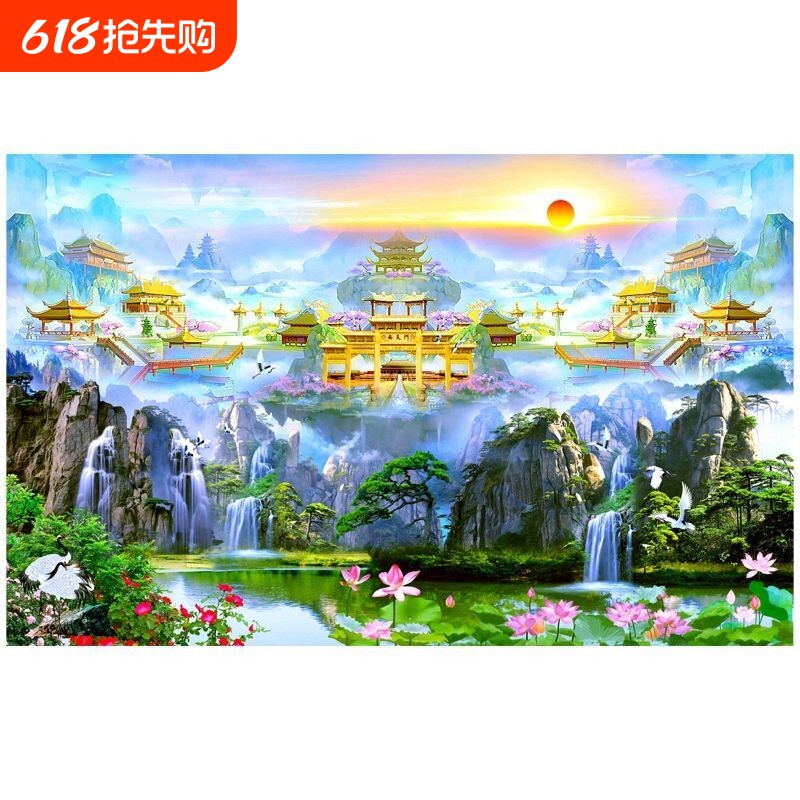 山水画背景墙中式壁画佛堂墙面装饰墙纸堂口供奉南天门自粘立体