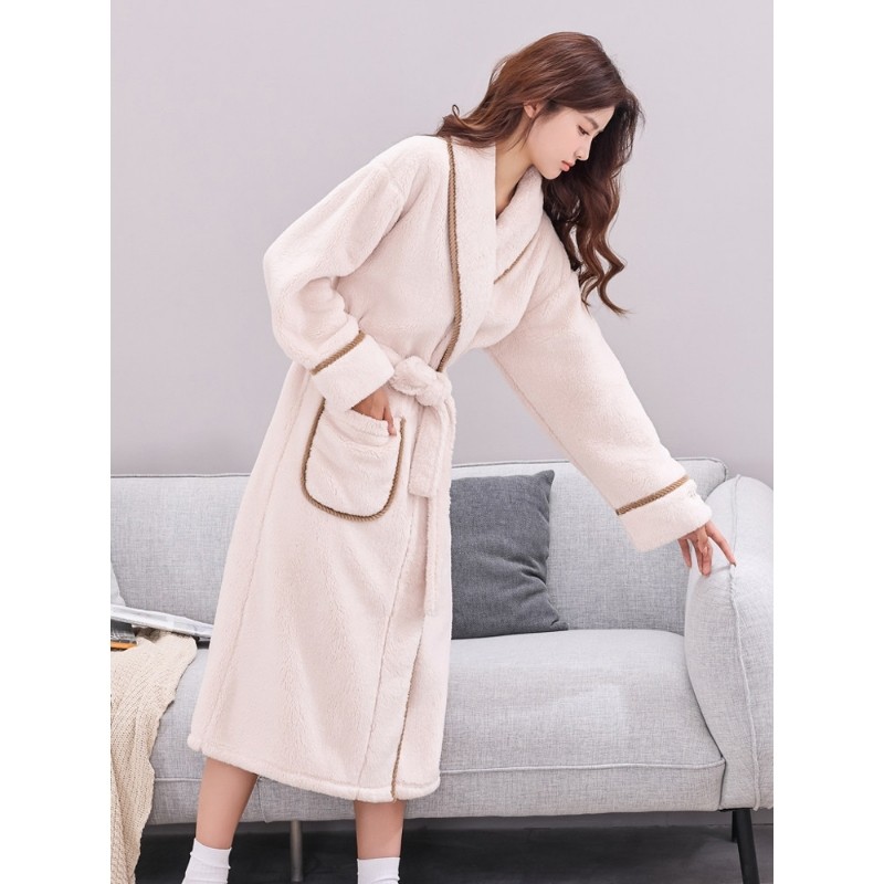 红豆睡袍女秋冬季珊瑚绒加绒加厚法兰绒浴袍男长款睡衣家居服大码