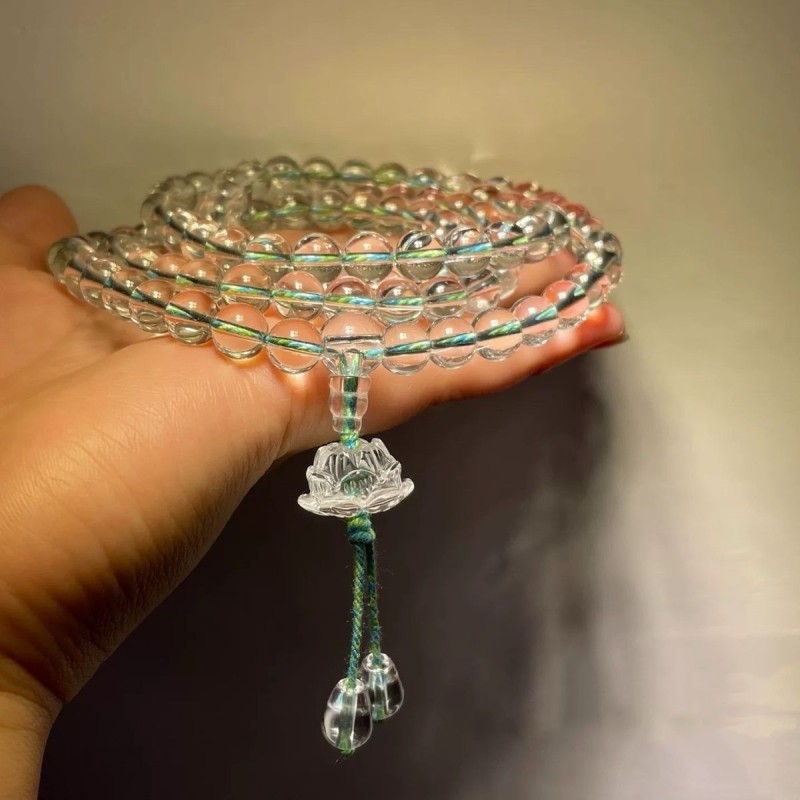 合成水晶108白水晶佛珠莲花手链多圈男女念珠手串手持天然白水晶