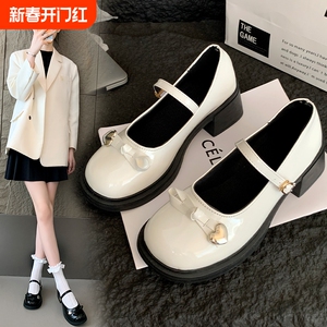 法式蝴蝶结玛丽珍小皮鞋女2025年春季新款白色配裙子浅口高跟单鞋