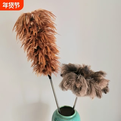家用可伸缩除尘真鸡毛掸子不掉毛清洁车用扫灰长杆大号鸵鸟毛掸子