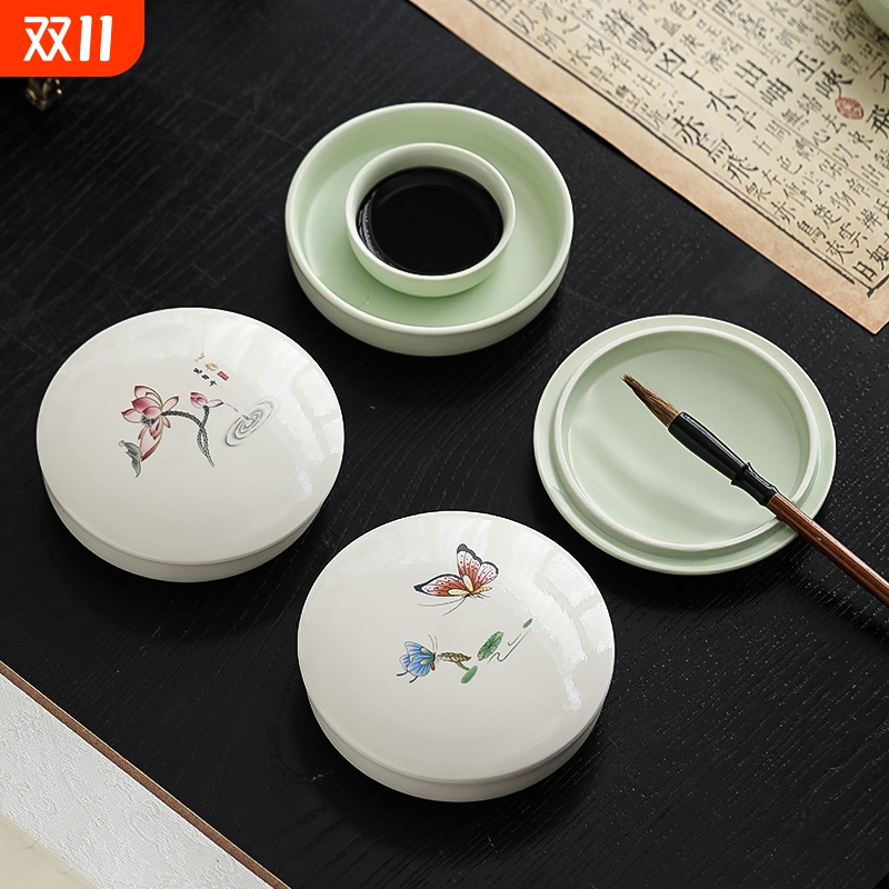 陶瓷火锅砚台书法专用带盖墨盒