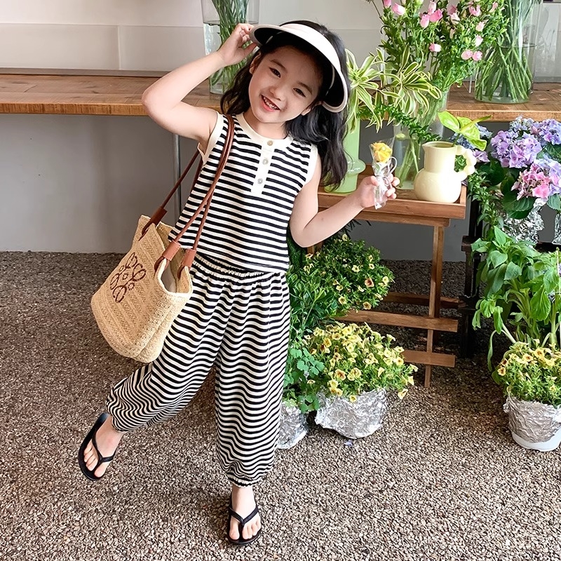 女童夏季套装2025新款洋气时髦女宝宝网红夏款儿童装小童夏装条纹