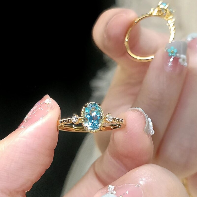 中古镶钻海蓝宝石戒指女小众指环镶嵌锆石欧式时尚轻奢清冷感手饰