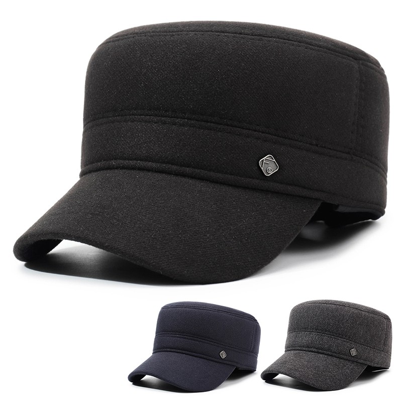 中老年人男士秋冬季保暖毛呢平顶帽爸爸爷爷护耳鸭舌帽子休闲防寒