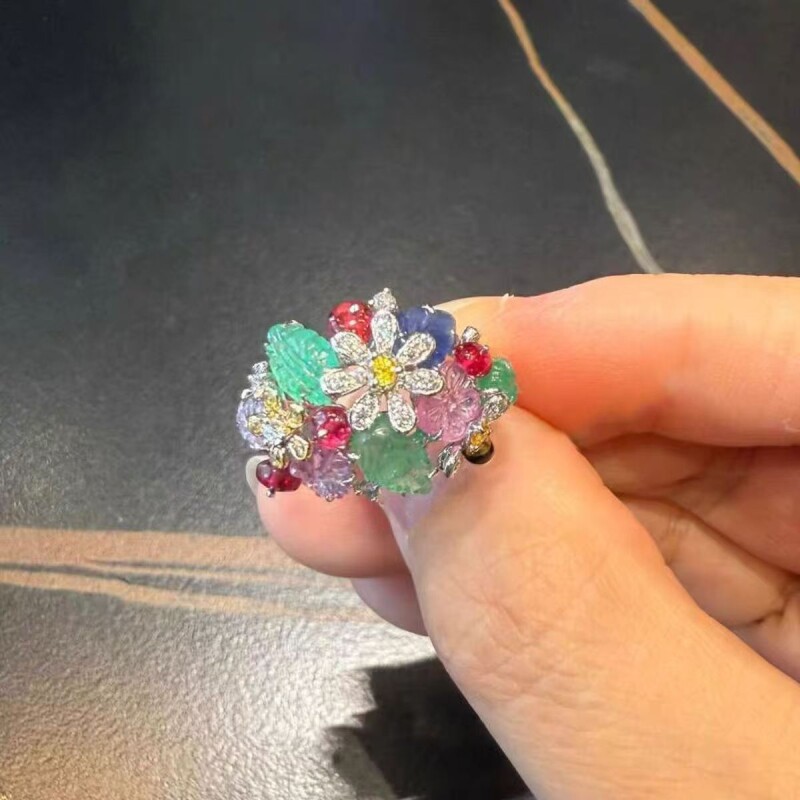 彩色花朵戒指女小众设计感高级轻奢食指戒复古宫廷风花朵指环配饰