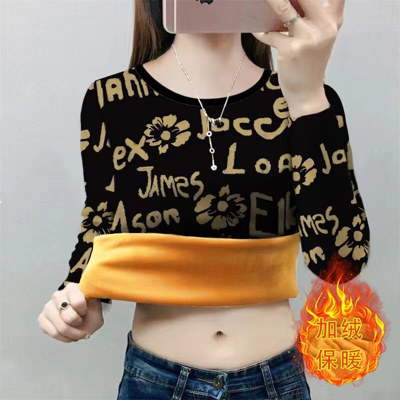 红豆圆领保暖内衣加绒加厚打底衫女妈妈冬装大码内搭一体绒上衣小