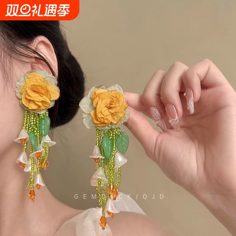 独特度假风气质花朵串珠流苏耳环夏天夸张耳钉雪纺耳饰海边耳坠女