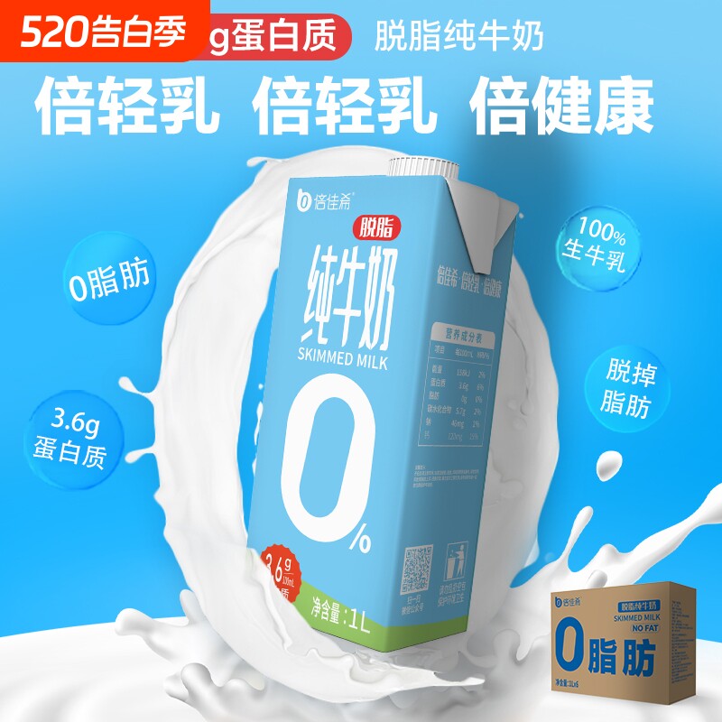 3.6蛋白倍佳希脱脂牛奶1L*12盒带盖商用餐饮奶茶店专用原料牛