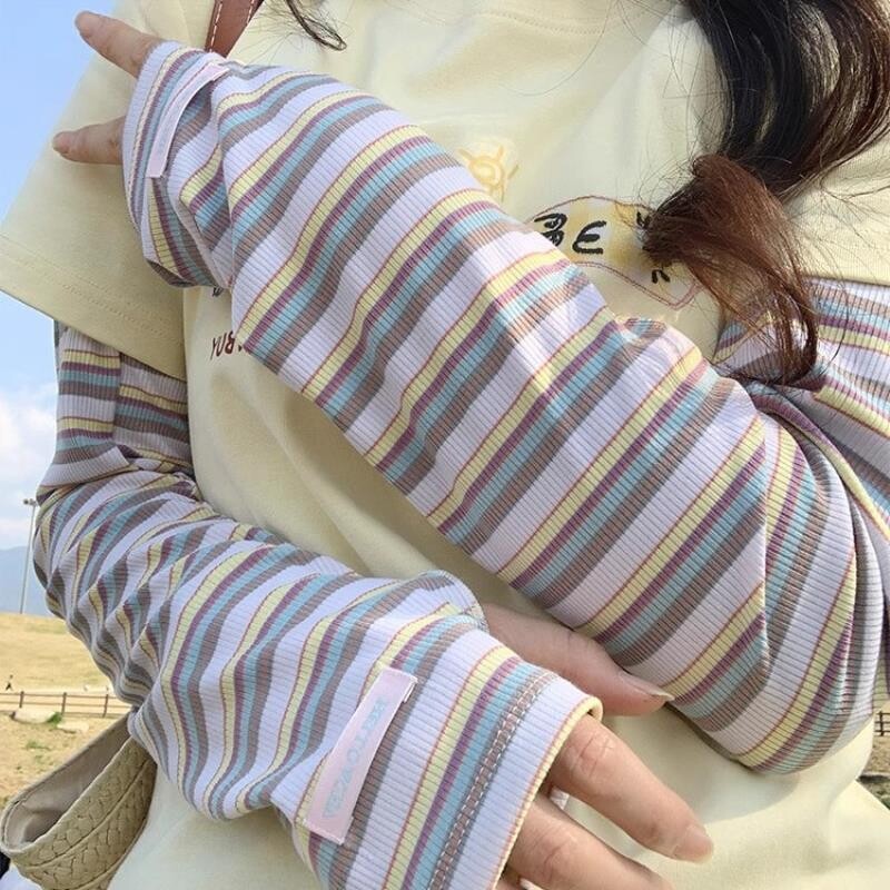 夏季韩版撞色条纹防晒袖套女开车骑行遮阳防紫外线透气护手臂冰袖