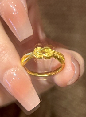 时尚简约金色素圈同心结戒指女个性百搭轻奢高级感指环开口可调节